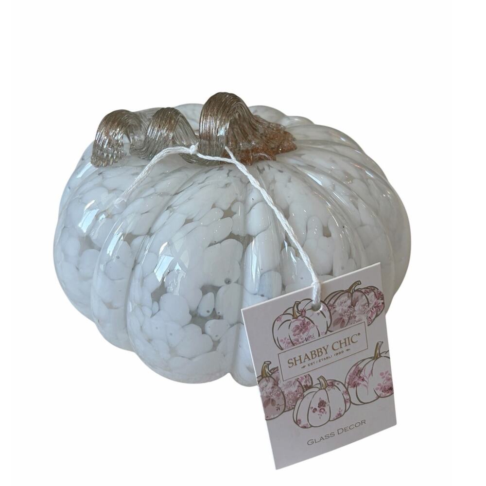Shabby Chic Hand Blown Art Glass White Pumpkin Amber Stem 8" Chic Fall Decor NEW - Picture 8 of 10